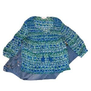 Vince Camuto Turquoise & Green Sheer Batik Tassel Boho Peasant Top - M